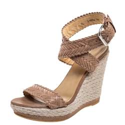 Stuart Weitzman Beige Leather And Espadrille Ankle Wrap Wedges Size 39