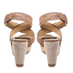 Stuart Weitzman Beige Leather And Espadrille Ankle Wrap Wedges Size 39