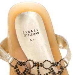 Pre Owned Stuart Weitzman Puppy Luv Gold Leather And PVC Crystal Embellished Thong Flat Sandals Size 41