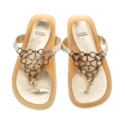 Pre Owned Stuart Weitzman Puppy Luv Gold Leather And PVC Crystal Embellished Thong Flat Sandals Size 41