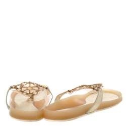 Pre Owned Stuart Weitzman Puppy Luv Gold Leather And PVC Crystal Embellished Thong Flat Sandals Size 41