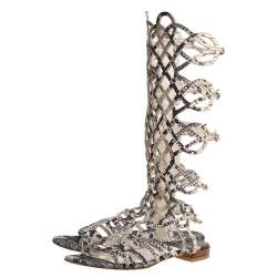 Stuart Weitzman Grey Snakeskin Effect Leather Aphrodite Gladiator Flat Sandals Size 38