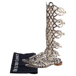 Stuart Weitzman Grey Snakeskin Effect Leather Aphrodite Gladiator Flat Sandals Size 38
