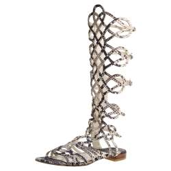 Stuart Weitzman Grey Snakeskin Effect Leather Aphrodite Gladiator Flat Sandals Size 38