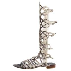 Stuart Weitzman Grey Snakeskin Effect Leather Aphrodite Gladiator Flat Sandals Size 38