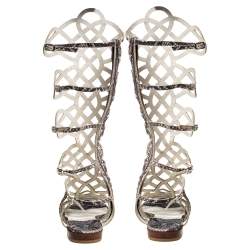 Stuart Weitzman Grey Snakeskin Effect Leather Aphrodite Gladiator Flat Sandals Size 38