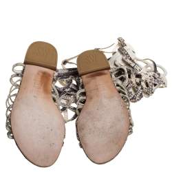 Stuart Weitzman Grey Snakeskin Effect Leather Aphrodite Gladiator Flat Sandals Size 38
