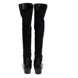 Stuart Weitzman Black Leather And Stretch Fabric Knee Length Flat Boots Sze 38.5 
