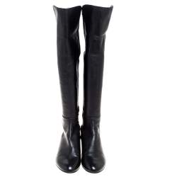 Stuart Weitzman Black Leather And Stretch Fabric Knee Length Flat Boots Sze 38.5 