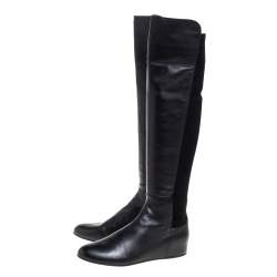 Stuart Weitzman Black Leather And Stretch Fabric Knee Length Flat Boots Sze 38.5 