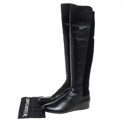Stuart Weitzman Black Leather And Stretch Fabric Knee Length Flat Boots Sze 38.5 