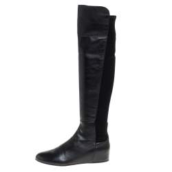 Stuart Weitzman Black Leather And Stretch Fabric Knee Length Flat Boots Sze 38.5 