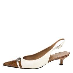 Stuart Weitzman White/Brown Canvas And Croc Embossed Leather Chain Detail Slingback Sandals Size 38