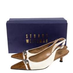 Stuart Weitzman White/Brown Canvas And Croc Embossed Leather Chain Detail Slingback Sandals Size 38