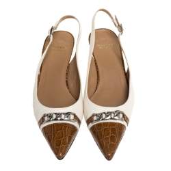 Stuart Weitzman White/Brown Canvas And Croc Embossed Leather Chain Detail Slingback Sandals Size 38
