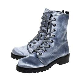 Pre Owned Stuart Weitzman Metallic Blue Velvet Crystal Embellished Heel Combat Boots Size 37