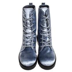 Pre Owned Stuart Weitzman Metallic Blue Velvet Crystal Embellished Heel Combat Boots Size 37