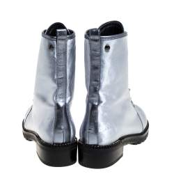 Pre Owned Stuart Weitzman Metallic Blue Velvet Crystal Embellished Heel Combat Boots Size 37