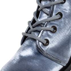 Pre Owned Stuart Weitzman Metallic Blue Velvet Crystal Embellished Heel Combat Boots Size 37