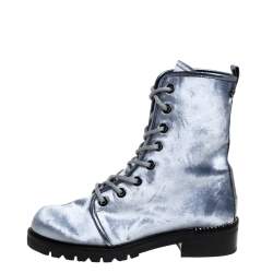 Pre Owned Stuart Weitzman Metallic Blue Velvet Crystal Embellished Heel Combat Boots Size 37