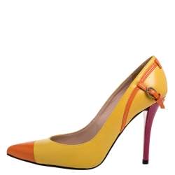 Stuart Weitzman Yellow/Orange Leather Buckle Pointed Toe Pumps Size 37