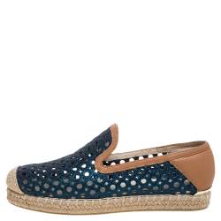 Pre Owned Stuart Weitzman Metallic Blue Glitter Laser Cut County Espadrilles Size 35