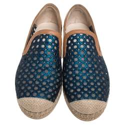 Pre Owned Stuart Weitzman Metallic Blue Glitter Laser Cut County Espadrilles Size 35