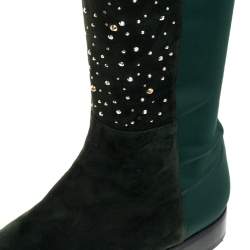 Stuart Weitzman Green Suede And Fabric Crystal/Stud Embellished High Boots Size 41