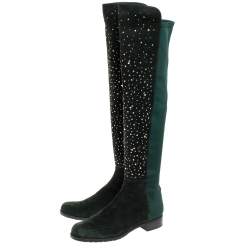Stuart Weitzman Green Suede And Fabric Crystal/Stud Embellished High Boots Size 41