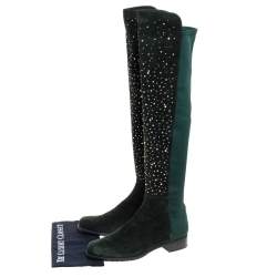 Stuart Weitzman Green Suede And Fabric Crystal/Stud Embellished High Boots Size 41