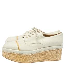 Stuart Weitzman Cream Canvas Lace Up Flat Platform Oxfords Size 40