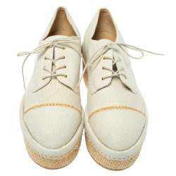 Stuart Weitzman Cream Canvas Lace Up Flat Platform Oxfords Size 40