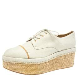 Stuart Weitzman Cream Canvas Lace Up Flat Platform Oxfords Size 40