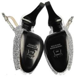 Pre Owned Stuart Weitzman Silver Coarse Glitter Peep Toe Slingback Sandals Size 38.5