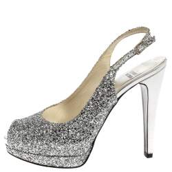 Pre Owned Stuart Weitzman Silver Coarse Glitter Peep Toe Slingback Sandals Size 38.5