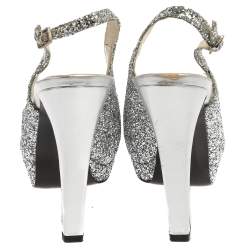 Pre Owned Stuart Weitzman Silver Coarse Glitter Peep Toe Slingback Sandals Size 38.5