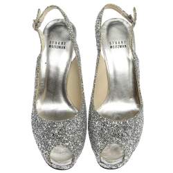 Pre Owned Stuart Weitzman Silver Coarse Glitter Peep Toe Slingback Sandals Size 38.5