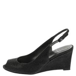 Stuart Weitzman Black Glitter Fabric Slingback Wedge Sandals Size 36