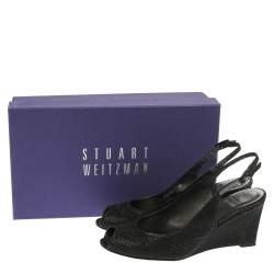 Stuart Weitzman Black Glitter Fabric Slingback Wedge Sandals Size 36