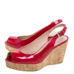 Stuart Weitzman Pink Patent Leather Jean Peep Toe Cork Wedge Slingback Sandals Size 36 