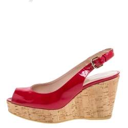 Stuart Weitzman Pink Patent Leather Jean Peep Toe Cork Wedge Slingback Sandals Size 36 