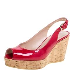 Stuart Weitzman Pink Patent Leather Jean Peep Toe Cork Wedge Slingback Sandals Size 36 
