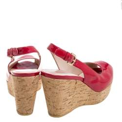 Stuart Weitzman Pink Patent Leather Jean Peep Toe Cork Wedge Slingback Sandals Size 36 