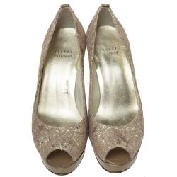 Stuart Weitzman Metallic Beige Lace And Glitter Peep Toe Platform Pumps Size 36.5