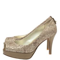 Stuart Weitzman Metallic Beige Lace And Glitter Peep Toe Platform Pumps Size 36.5