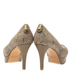 Stuart Weitzman Metallic Beige Lace And Glitter Peep Toe Platform Pumps Size 36.5