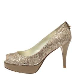 Stuart Weitzman Metallic Beige Lace And Glitter Peep Toe Platform Pumps Size 36.5