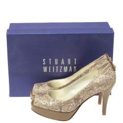 Stuart Weitzman Metallic Beige Lace And Glitter Peep Toe Platform Pumps Size 36.5