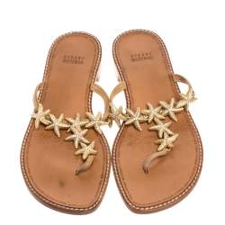 Stuart Weitzman Beige Leather Star Embellished Thong Flats Size 39