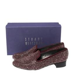 Pre Owned Stuart Weitzman Maroon Suede Crystal Embellished Studded Smoking Slippers Size 39.5